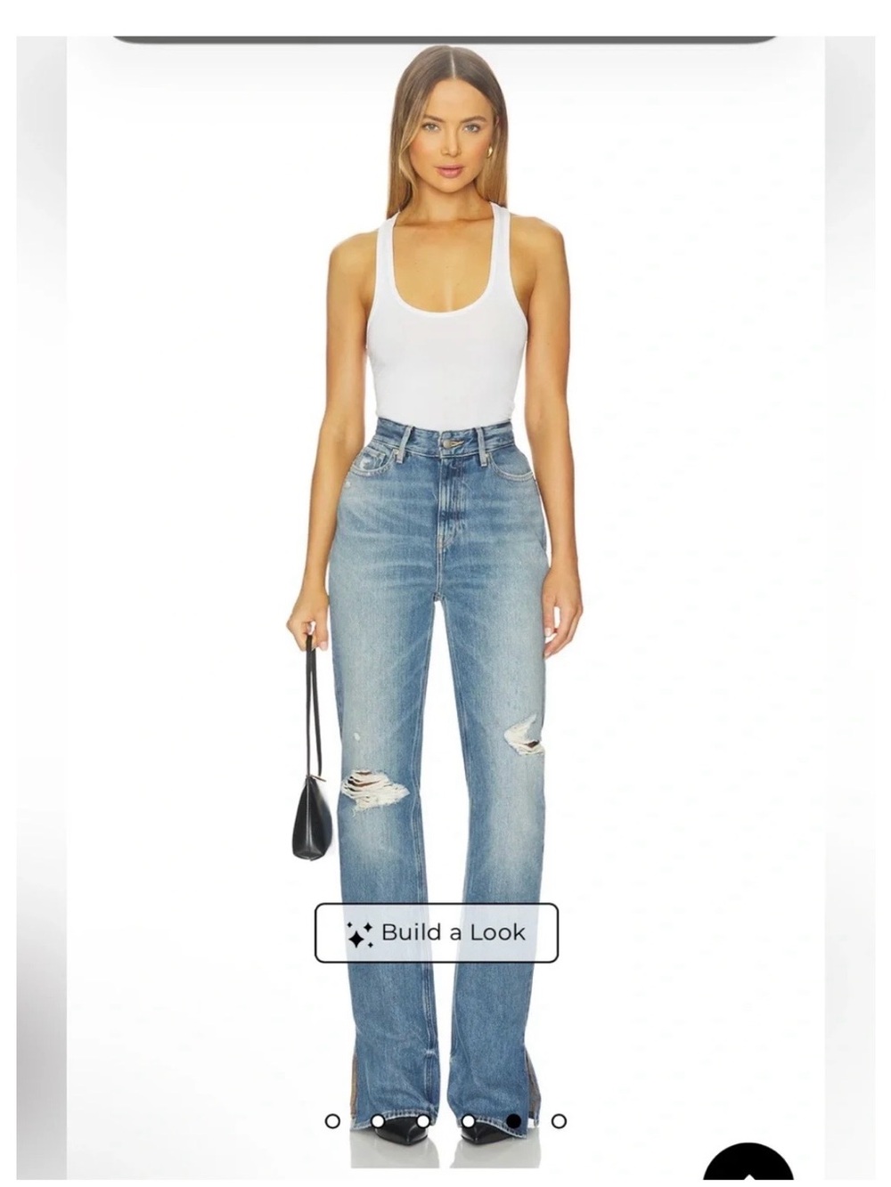 Good American Khloe Jean LONG Light Blue Distressed Straight Leg Jeans